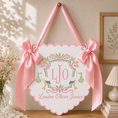 Personalized Baby Monogram Banner, Embroidered Stork Birth Announcement Sign, Custom Baby Name Wall Hanging, Newborn Nursery Decor