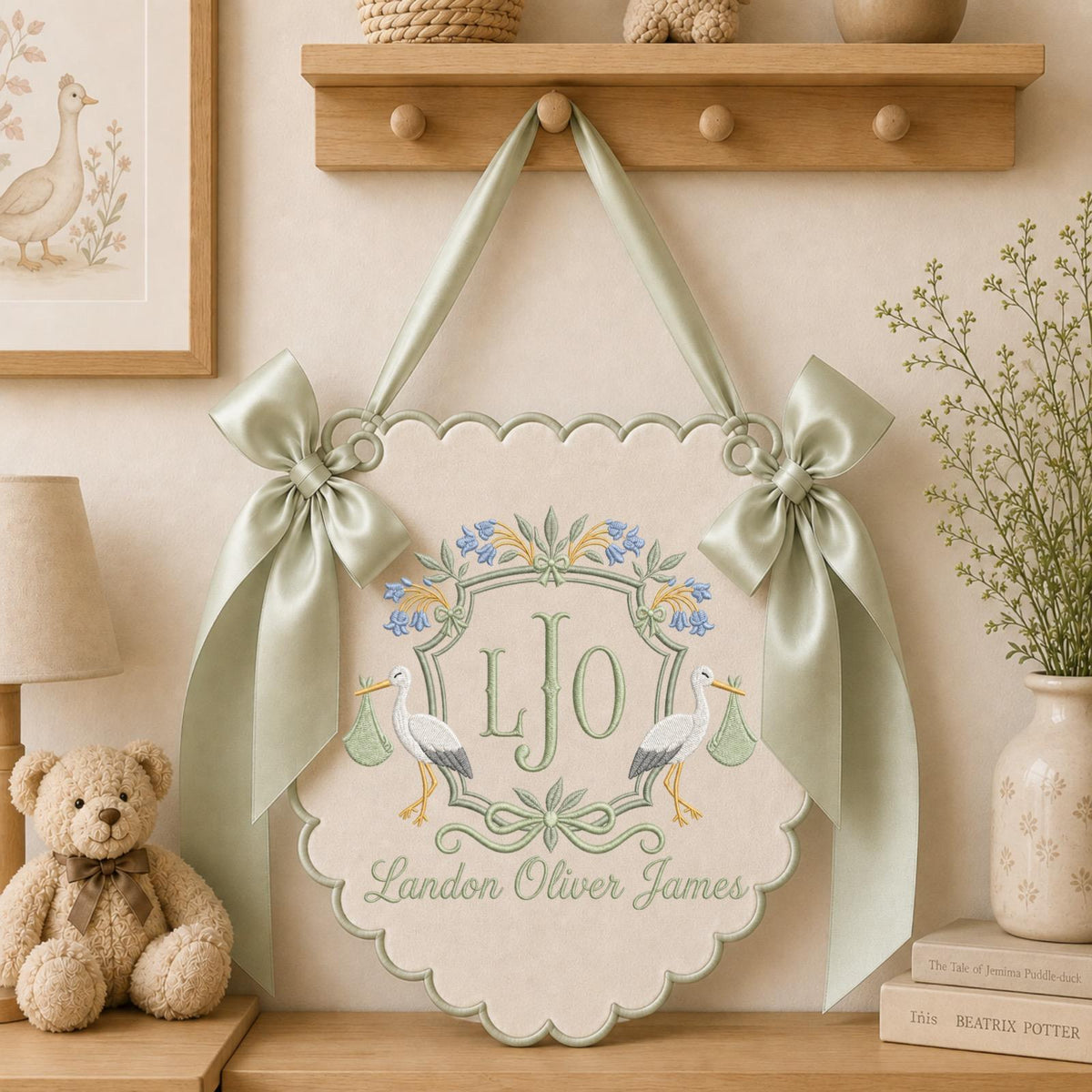 Personalized Baby Monogram Banner, Embroidered Stork Birth Announcement Sign, Custom Baby Name Wall Hanging, Newborn Nursery Decor