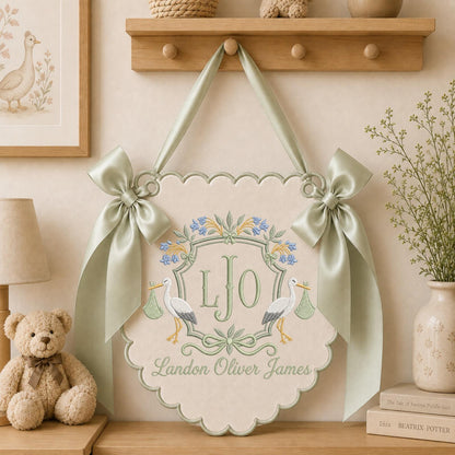 Personalized Baby Monogram Banner, Embroidered Stork Birth Announcement Sign, Custom Baby Name Wall Hanging, Newborn Nursery Decor