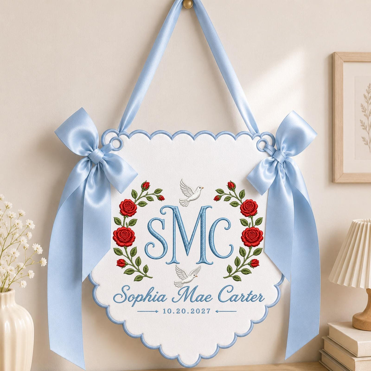Personalized Baby Monogram Banner, Embroidered Rose Name Sign, Custom Floral Nursery Wall Hanging, Birth Announcement Baby Gift