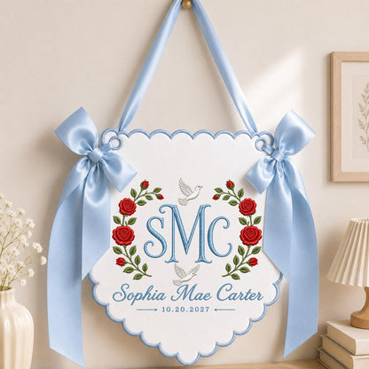 Personalized Baby Monogram Banner, Embroidered Rose Name Sign, Custom Floral Nursery Wall Hanging, Birth Announcement Baby Gift