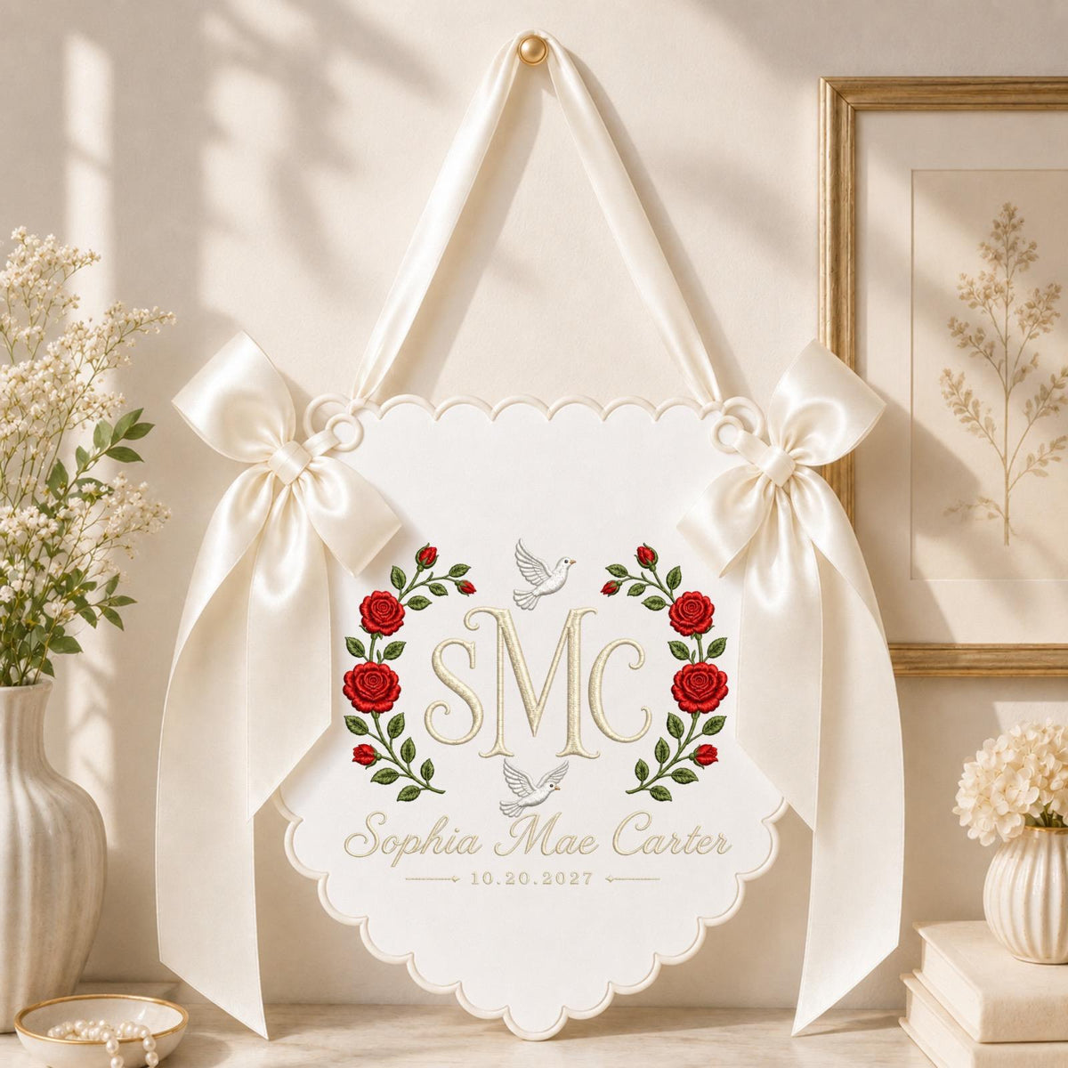 Personalized Baby Monogram Banner, Embroidered Rose Name Sign, Custom Floral Nursery Wall Hanging, Birth Announcement Baby Gift