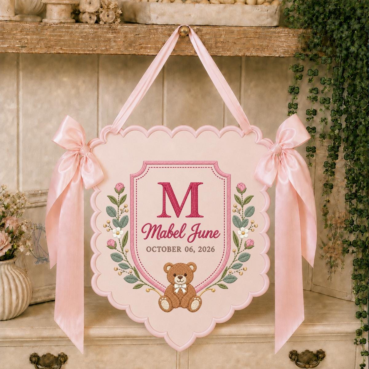Personalized Baby Name Banner Mabel June Nursery Wall Decor Teddy Bear Birth Announcement Embroidered Blue Floral Baby Shower Gift Keepsake