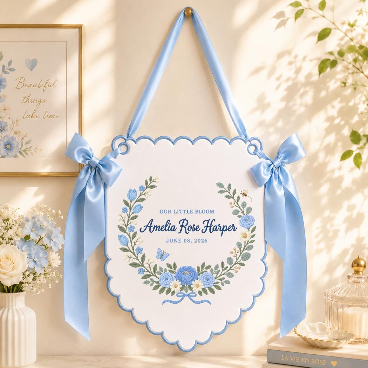 Personalized Name Banner Amelia Rose Harper Floral Nursery Wall Decor Scalloped Bow Hanging Birth Announcement Baby Shower Keepsake Gift