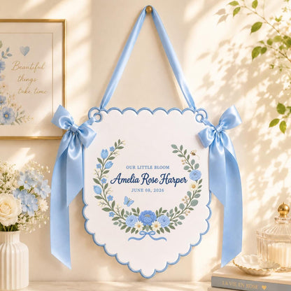 Personalized Name Banner Amelia Rose Harper Floral Nursery Wall Decor Scalloped Bow Hanging Birth Announcement Baby Shower Keepsake Gift