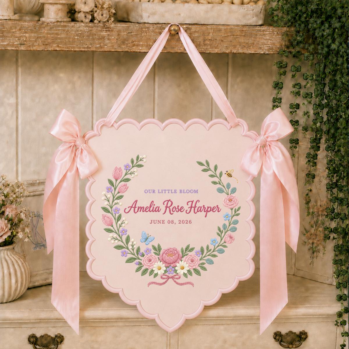 Personalized Name Banner Amelia Rose Harper Floral Nursery Wall Decor Scalloped Bow Hanging Birth Announcement Baby Shower Keepsake Gift