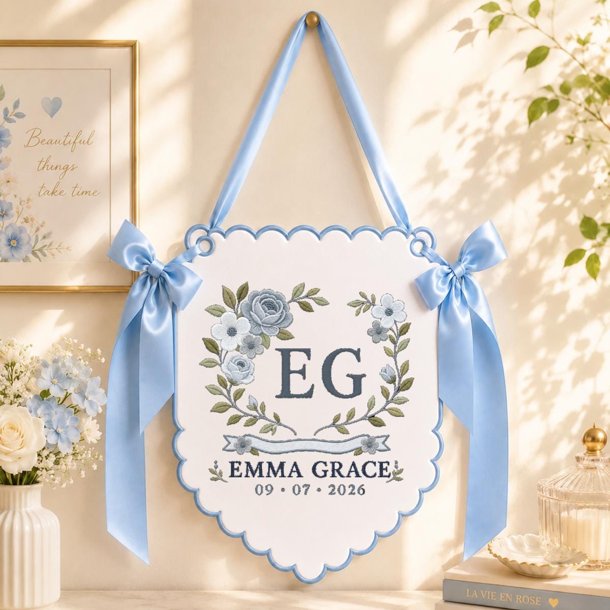 Personalized Monogram Scalloped Banner, Custom Name Emma Grace Initial EG Dusty Blue Floral Crest Bows Nursery Wall Decor