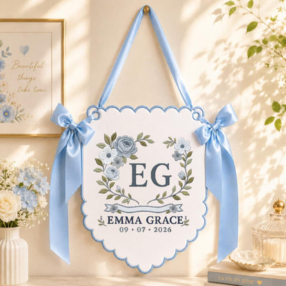 Personalized Monogram Scalloped Banner, Custom Name Emma Grace Initial EG Dusty Blue Floral Crest Bows Nursery Wall Decor