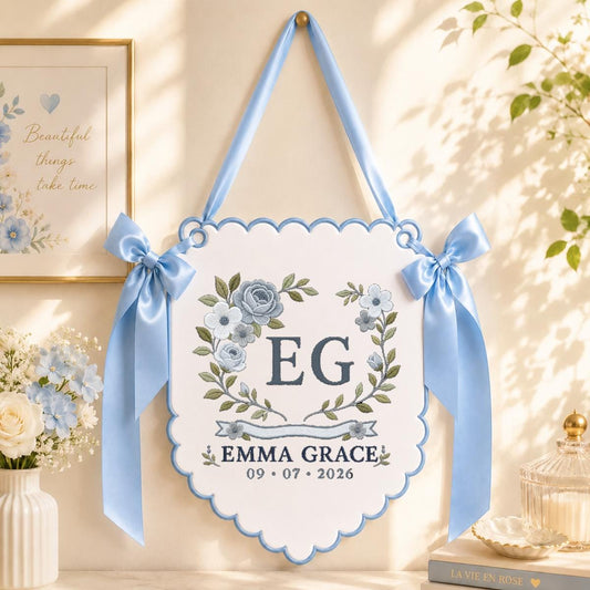 Personalized Monogram Scalloped Banner, Custom Name Emma Grace Initial EG Dusty Blue Floral Crest Bows Nursery Wall Decor
