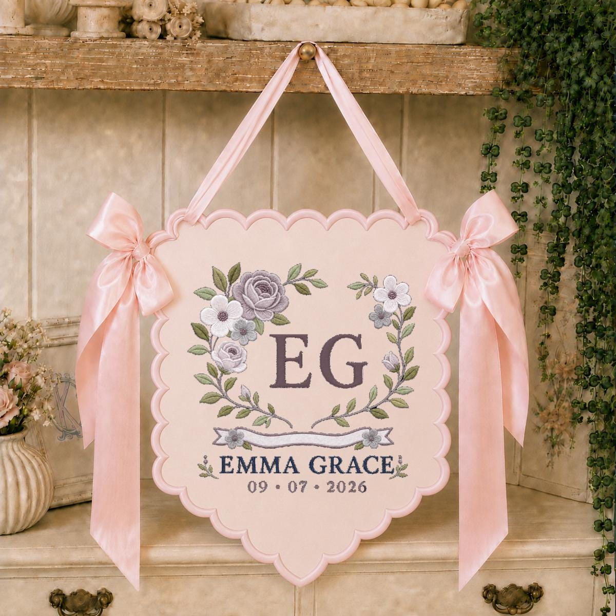 Personalized Monogram Scalloped Banner, Custom Name Emma Grace Initial EG Dusty Blue Floral Crest Bows Nursery Wall Decor