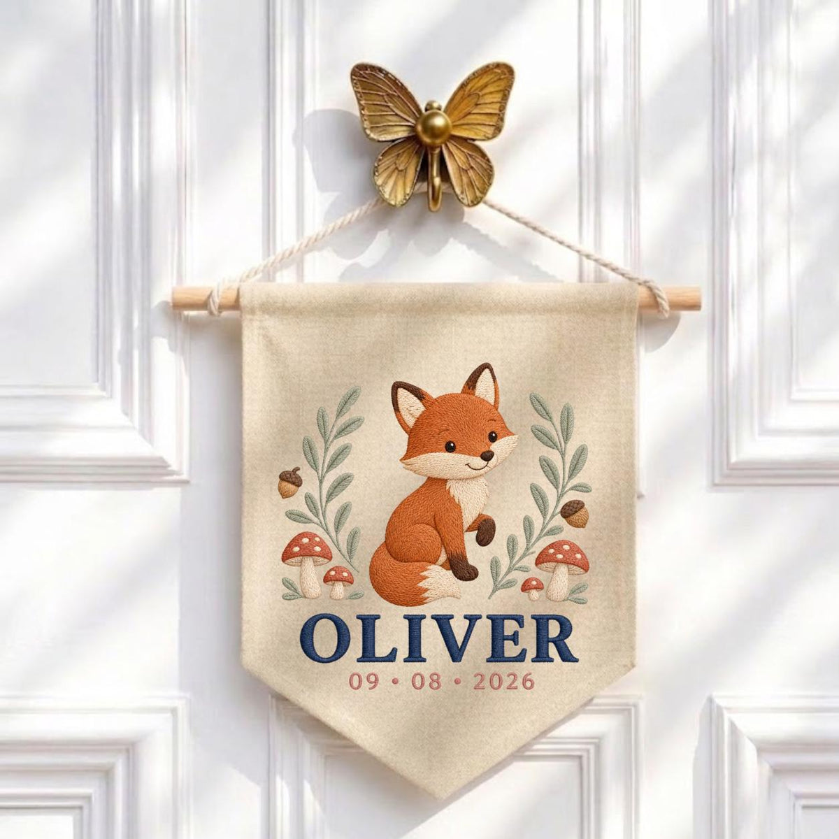 Personalized Fox Canvas Pennant Banner, Custom Name Oliver Embroidered Woodland Fox Mushroom Baby Boy Nursery Wall Sign Decor