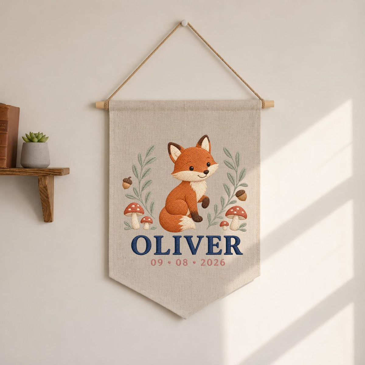 Personalized Fox Canvas Pennant Banner, Custom Name Oliver Embroidered Woodland Fox Mushroom Baby Boy Nursery Wall Sign Decor