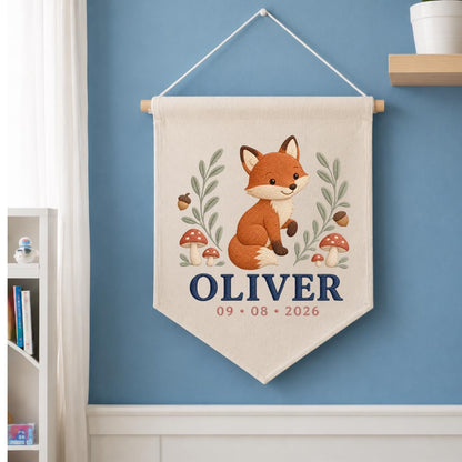 Personalized Fox Canvas Pennant Banner, Custom Name Oliver Embroidered Woodland Fox Mushroom Baby Boy Nursery Wall Sign Decor