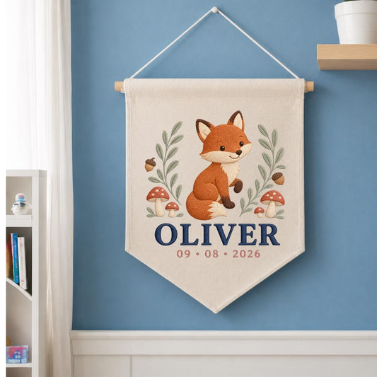 Personalized Fox Canvas Pennant Banner, Custom Name Oliver Embroidered Woodland Fox Mushroom Baby Boy Nursery Wall Sign Decor