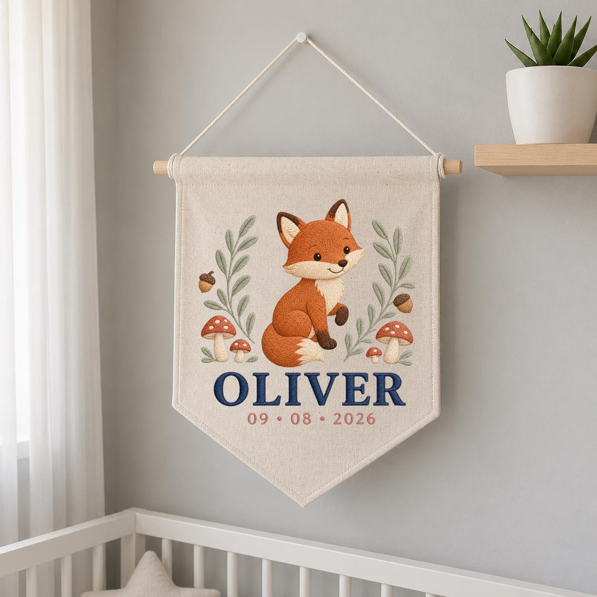 Personalized Fox Canvas Pennant Banner, Custom Name Oliver Embroidered Woodland Fox Mushroom Baby Boy Nursery Wall Sign Decor
