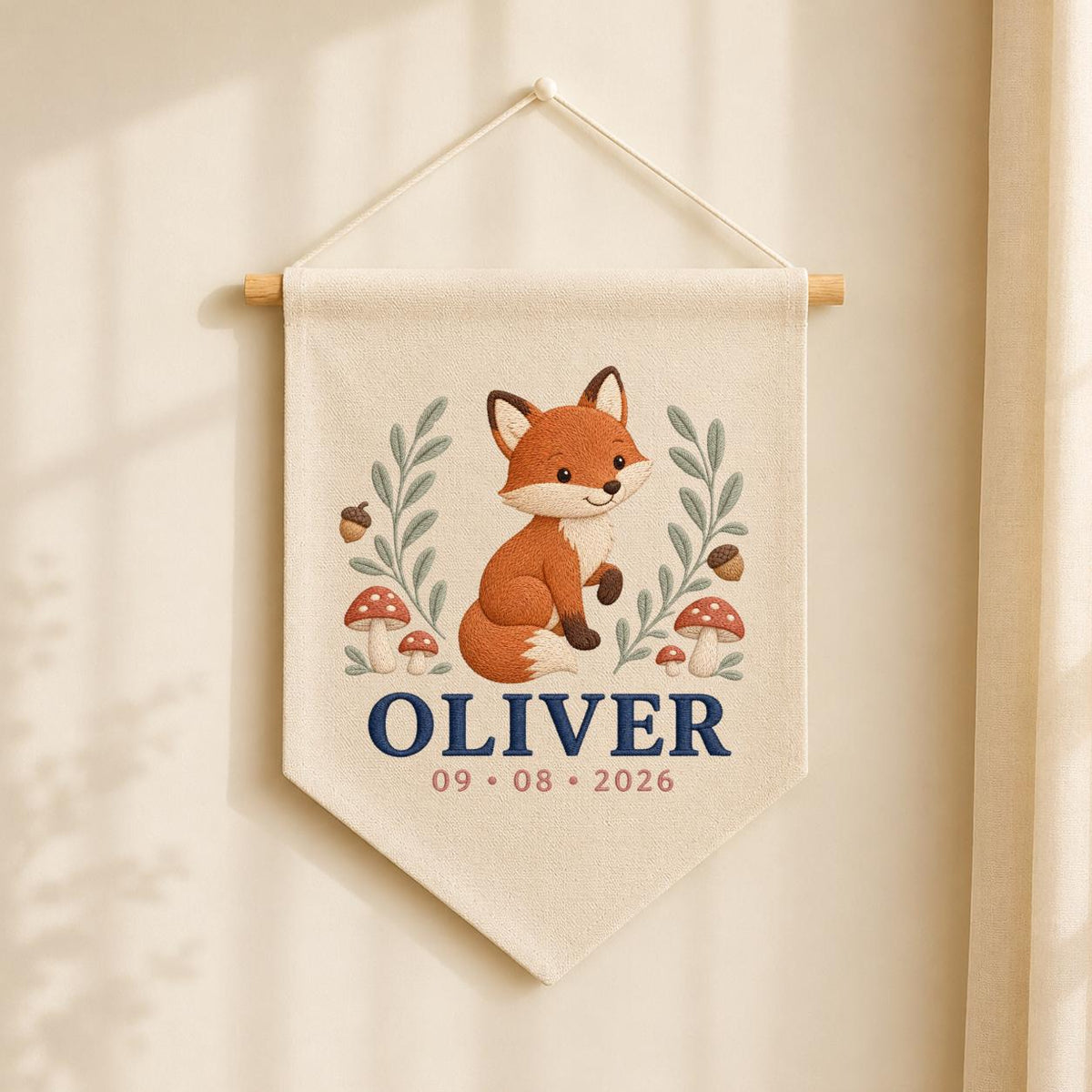 Personalized Fox Canvas Pennant Banner, Custom Name Oliver Embroidered Woodland Fox Mushroom Baby Boy Nursery Wall Sign Decor