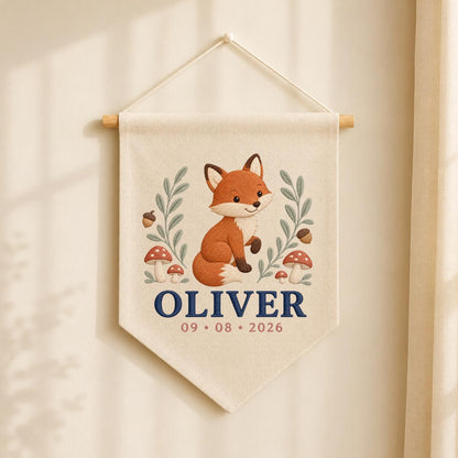 Personalized Fox Canvas Pennant Banner, Custom Name Oliver Embroidered Woodland Fox Mushroom Baby Boy Nursery Wall Sign Decor
