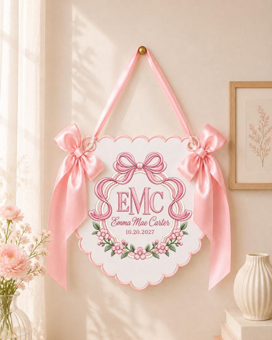 Personalized Monogram Embroidered Baby Name Banner, Custom Floral Bow Nursery Sign, Birth Announcement, Hospital Door Sign, Baby Gift