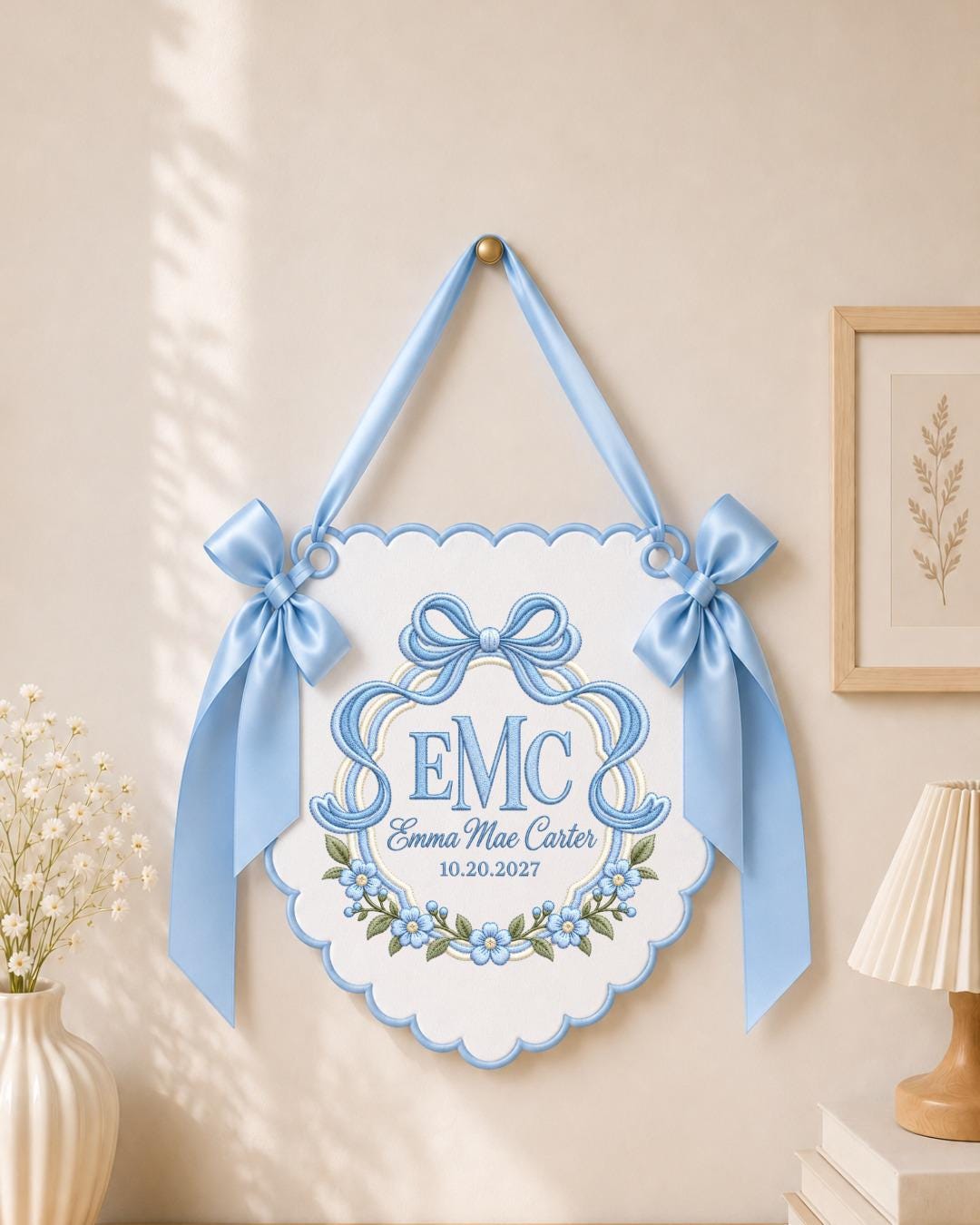 Personalized Monogram Embroidered Baby Name Banner, Custom Floral Bow Nursery Sign, Birth Announcement, Hospital Door Sign, Baby Gift