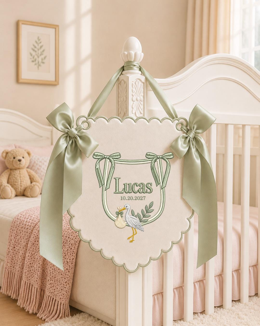 Personalized Stork Embroidered Baby Name Banner, Custom Newborn Nursery Sign, Birth Announcement, Hospital Door Hanger, Baby Shower Gift