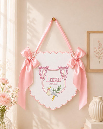Personalized Stork Embroidered Baby Name Banner, Custom Newborn Nursery Sign, Birth Announcement, Hospital Door Hanger, Baby Shower Gift