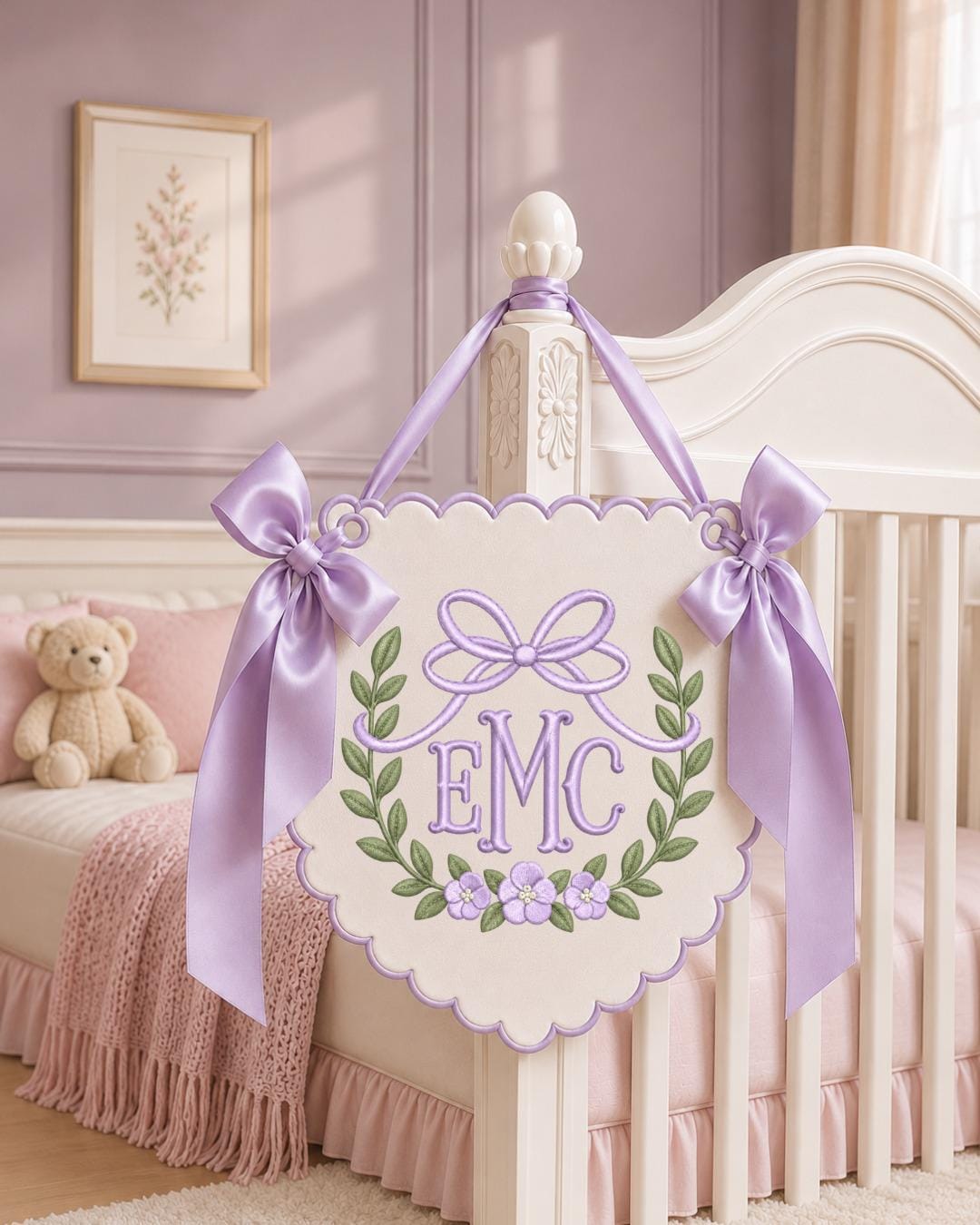 Personalized Floral Monogram Embroidered Baby Name Banner, Custom Initial Nursery Sign, Bow Baby Wall Hanging, Newborn Gift, Baby Decor