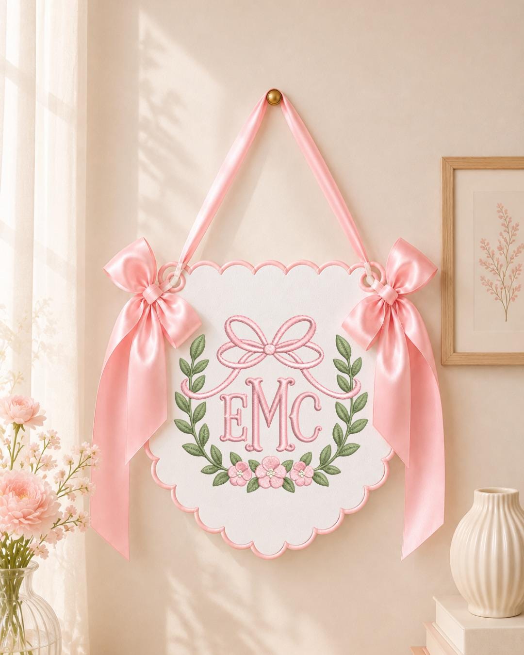 Personalized Floral Monogram Embroidered Baby Name Banner, Custom Initial Nursery Sign, Bow Baby Wall Hanging, Newborn Gift, Baby Decor