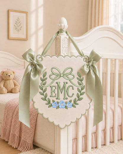 Personalized Floral Monogram Embroidered Baby Name Banner, Custom Initial Nursery Sign, Bow Baby Wall Hanging, Newborn Gift, Baby Decor