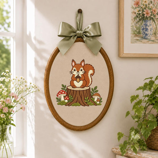 Embroidered Squirrel Hoop Art Woodland Nursery Decor Acorn Mushroom Forest Animal Wall Hanging Rustic Cottage Home Gift Handmade Keepsake
