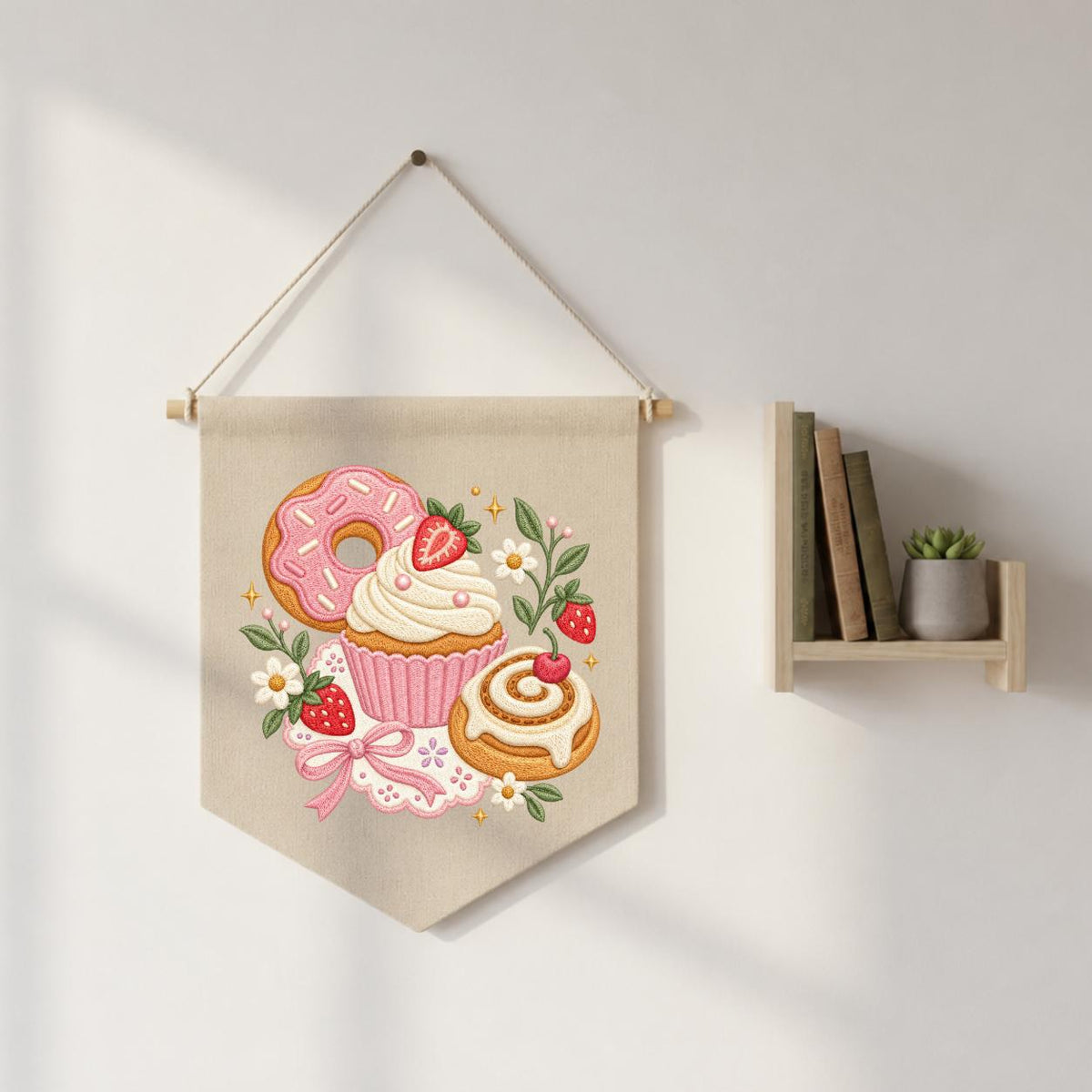 Embroidered Dessert Banner Strawberry Donut Cupcake Cinnamon Roll Wall Hanging Sweet Bakery Kitchen Decor Rustic Home Gift Handmade Keepsake