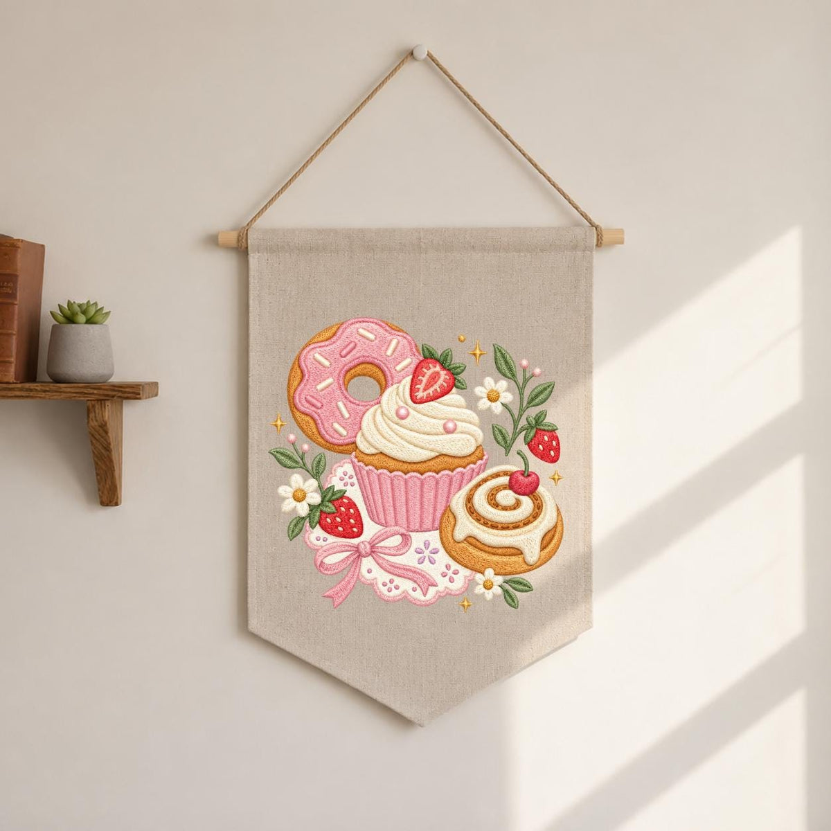 Embroidered Dessert Banner Strawberry Donut Cupcake Cinnamon Roll Wall Hanging Sweet Bakery Kitchen Decor Rustic Home Gift Handmade Keepsake