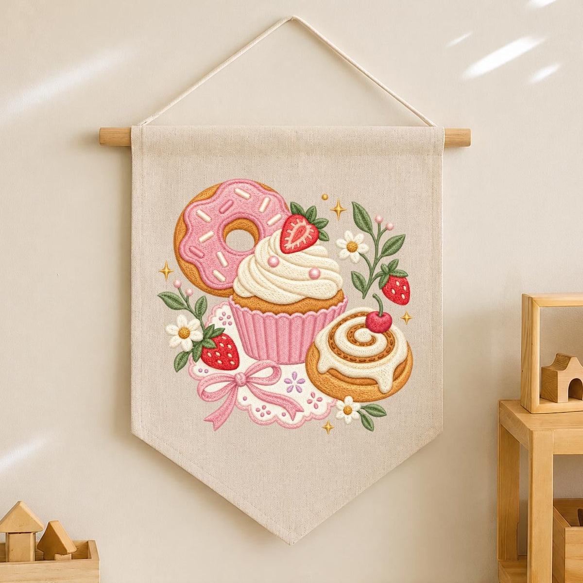 Embroidered Dessert Banner Strawberry Donut Cupcake Cinnamon Roll Wall Hanging Sweet Bakery Kitchen Decor Rustic Home Gift Handmade Keepsake