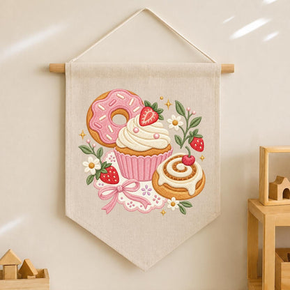 Embroidered Dessert Banner Strawberry Donut Cupcake Cinnamon Roll Wall Hanging Sweet Bakery Kitchen Decor Rustic Home Gift Handmade Keepsake