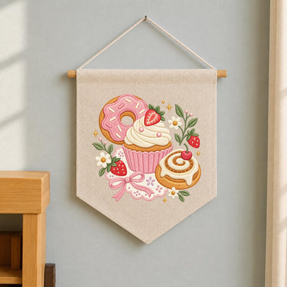 Embroidered Dessert Banner Strawberry Donut Cupcake Cinnamon Roll Wall Hanging Sweet Bakery Kitchen Decor Rustic Home Gift Handmade Keepsake