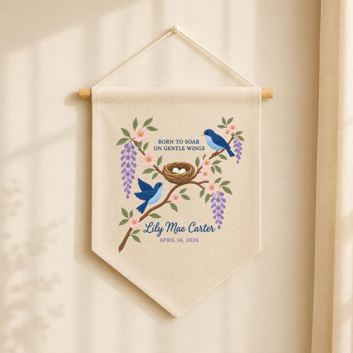 Personalized Baby Name Banner Lily Mae Carter Bird Nest Floral Nursery Wall Decor Birth Announcement Embroidered Pennant Shower Keepsake