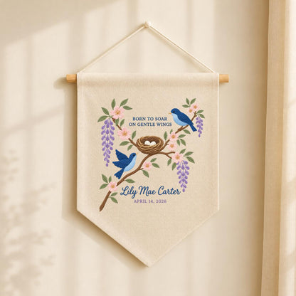 Personalized Baby Name Banner Lily Mae Carter Bird Nest Floral Nursery Wall Decor Birth Announcement Embroidered Pennant Shower Keepsake