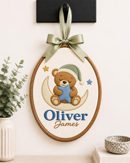 Personalized Teddy Bear Moon Embroidered Ornament, Custom Baby Name Hoop, Baby Boy Nursery Decor, Newborn Keepsake, Baby Shower Gift