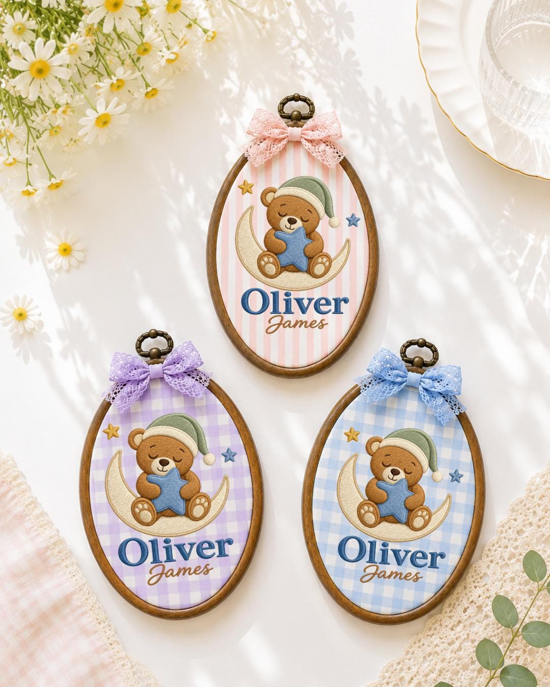 Personalized Teddy Bear Moon Embroidered Ornament, Custom Baby Name Hoop, Baby Boy Nursery Decor, Newborn Keepsake, Baby Shower Gift