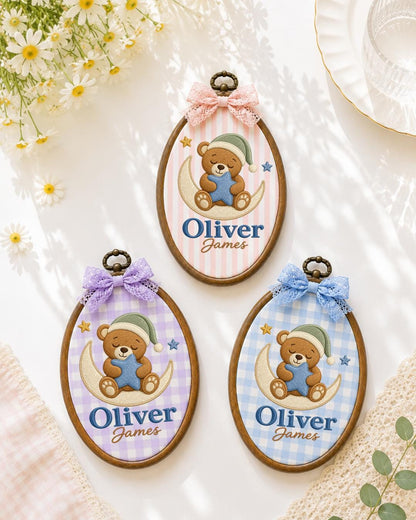 Personalized Teddy Bear Moon Embroidered Ornament, Custom Baby Name Hoop, Baby Boy Nursery Decor, Newborn Keepsake, Baby Shower Gift