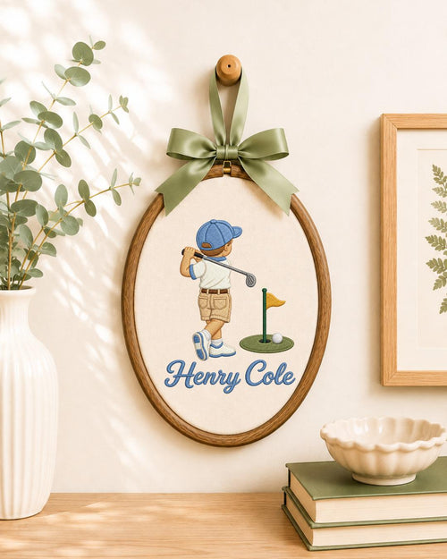 Personalized Golf Boy Embroidered Ornament, Custom Name Golf Hoop, Kids Golf Room Decor, Golfer Gift, Sports Nursery Keepsake