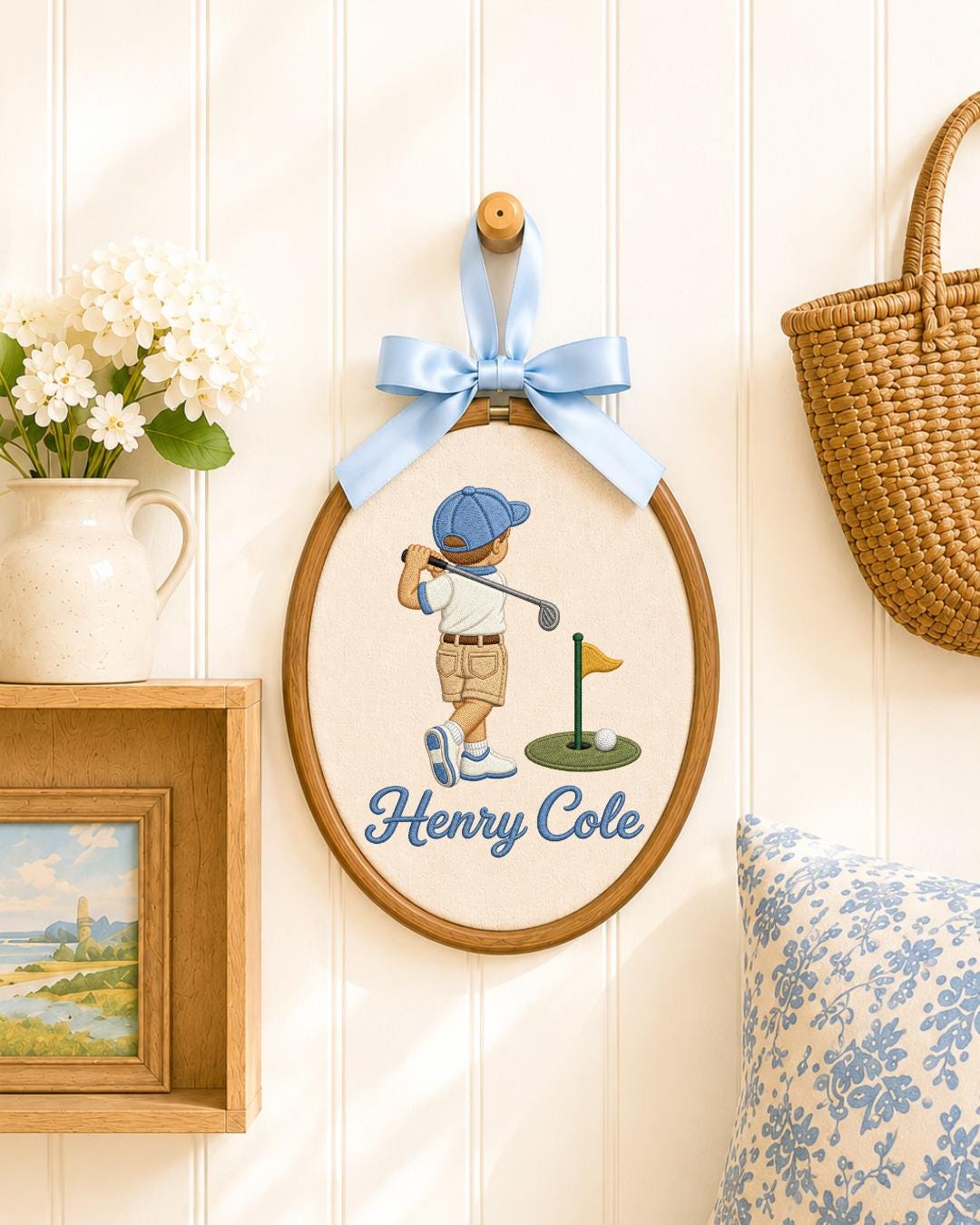 Personalized Golf Boy Embroidered Ornament, Custom Name Golf Hoop, Kids Golf Room Decor, Golfer Gift, Sports Nursery Keepsake