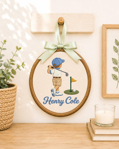 Personalized Golf Boy Embroidered Ornament, Custom Name Golf Hoop, Kids Golf Room Decor, Golfer Gift, Sports Nursery Keepsake