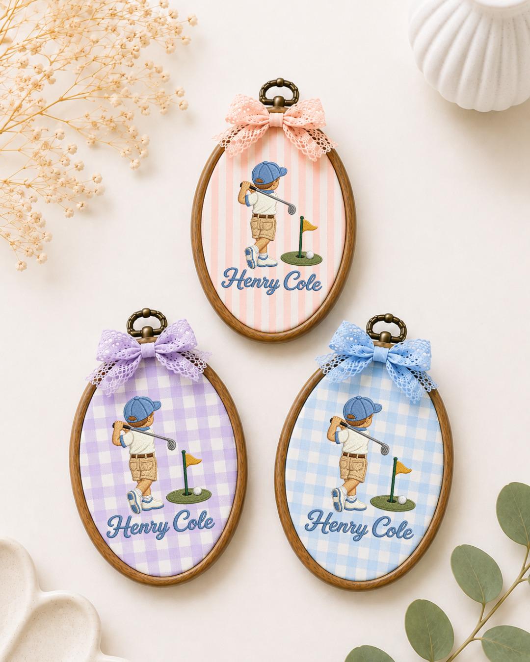 Personalized Golf Boy Embroidered Ornament, Custom Name Golf Hoop, Kids Golf Room Decor, Golfer Gift, Sports Nursery Keepsake