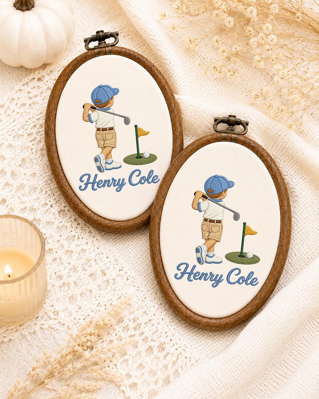 Personalized Golf Boy Embroidered Ornament, Custom Name Golf Hoop, Kids Golf Room Decor, Golfer Gift, Sports Nursery Keepsake