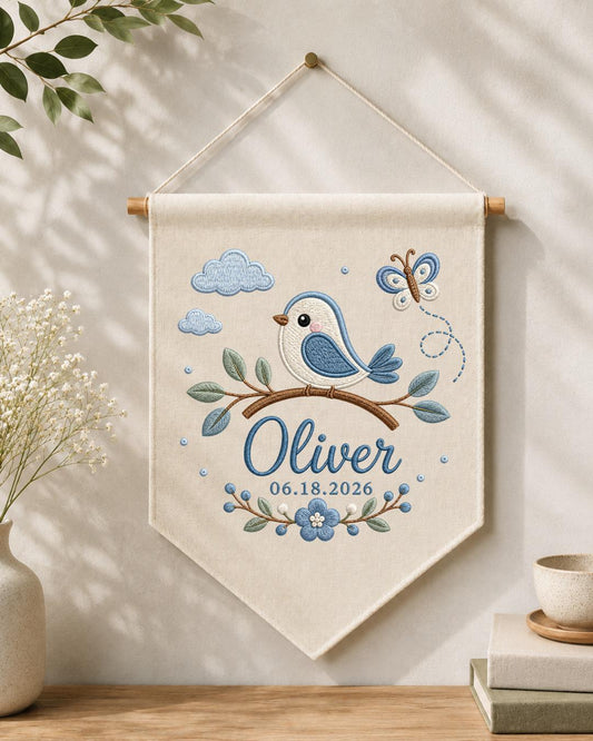 Personalized Baby Name Embroidered Banner, Custom Bird Nursery Wall Hanging, Blue Floral Baby Name Sign, Baby Boy Nursery Decor,Newborn Gift