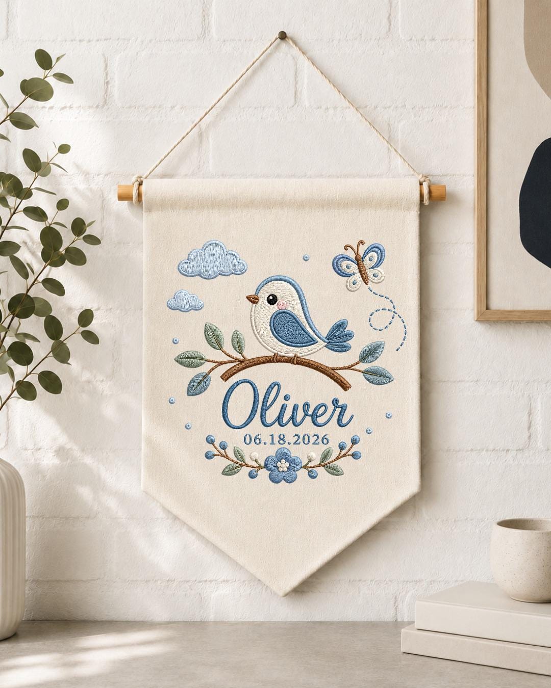 Personalized Baby Name Embroidered Banner, Custom Bird Nursery Wall Hanging, Blue Floral Baby Name Sign, Baby Boy Nursery Decor,Newborn Gift