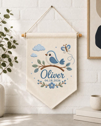 Personalized Baby Name Embroidered Banner, Custom Bird Nursery Wall Hanging, Blue Floral Baby Name Sign, Baby Boy Nursery Decor,Newborn Gift