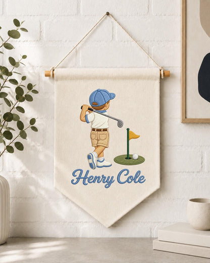 Personalized Golf Boy Embroidered Banner, Custom Name Golf Wall Hanging, Boys Golf Nursery Decor, Little Golfer Gift, Baby Boy Room Sign