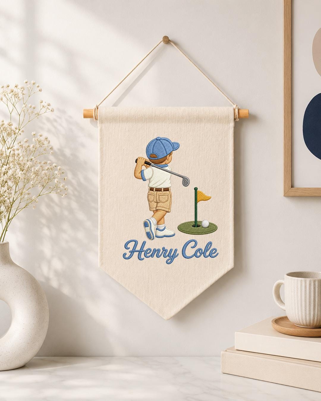 Personalized Golf Boy Embroidered Banner, Custom Name Golf Wall Hanging, Boys Golf Nursery Decor, Little Golfer Gift, Baby Boy Room Sign
