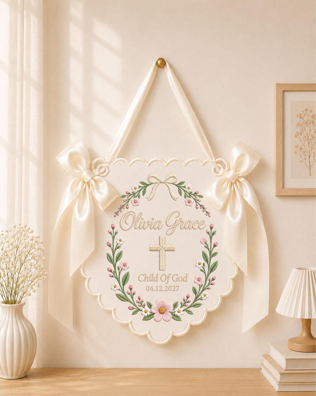 Personalized Embroidered Baptism Banner, Custom Baby Name Christening Sign, Child of God Nursery Wall Decor, Religious Baby Gift
